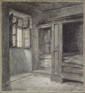 Interieur van een Slaapkamer met een Heiligdom aan de linkerkant door Charles Francois Daubigny